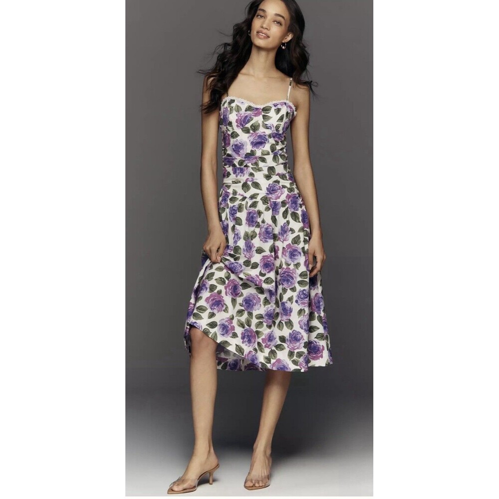 Maeve Sweetheart Smocked Floral Midi A-Line Sundress 100% Cotton Sz M